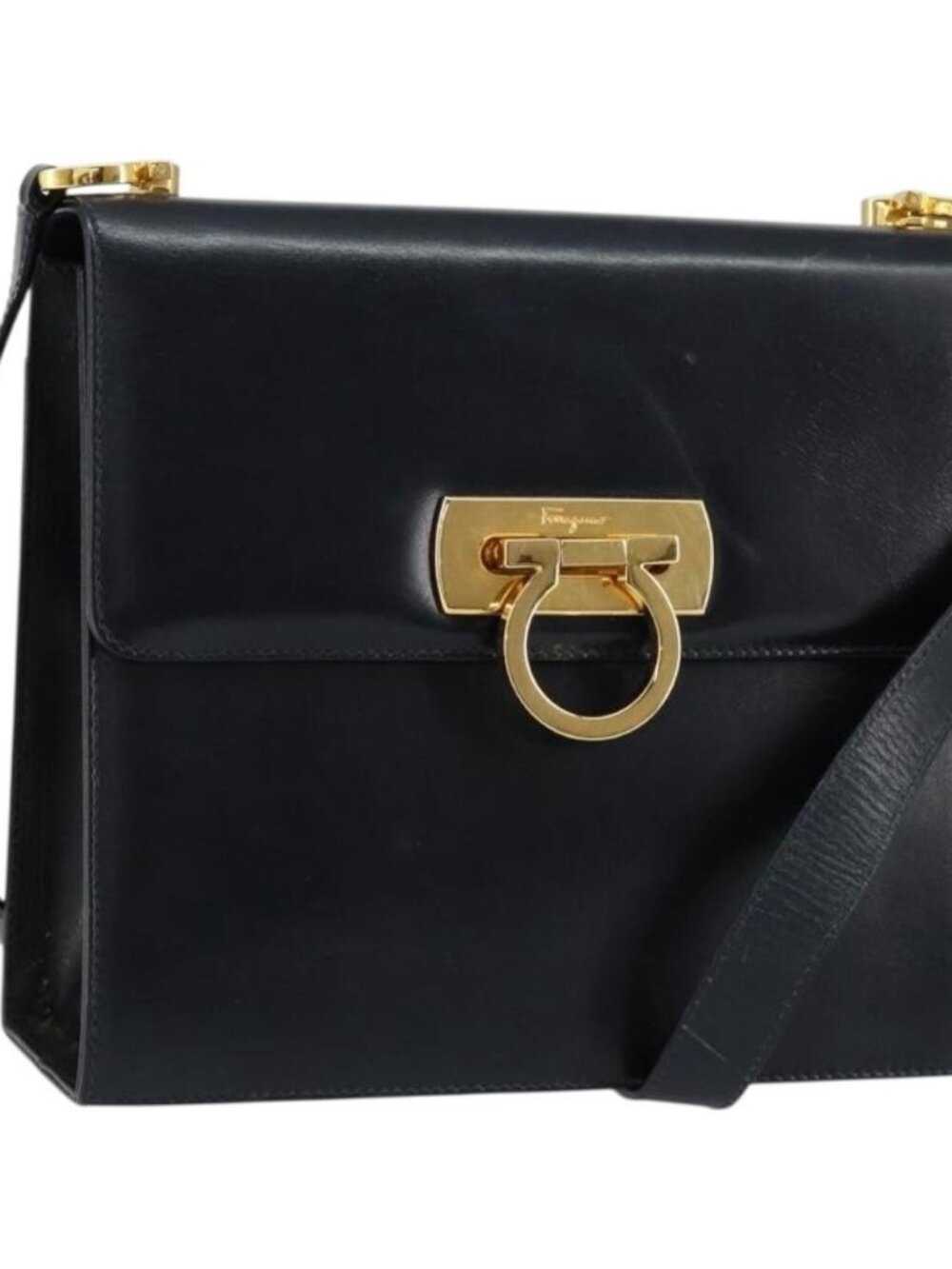 Salvatore Ferragamo Gancini Shoulder Bag Leather Navy Gold Auth 154591